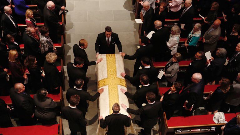 The casket is brought into St. Martin's Episcopal Church during the funeral for former first lady Barbara Bush on April 21, 2018 in Houston, Texas