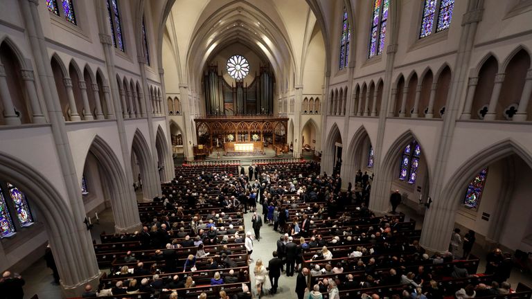 Attendees arrive at St. Martin's Episcopal Church for funeral services for former first lady Barbara Bush, in Houston, Texas, U.S., April 21, 2018