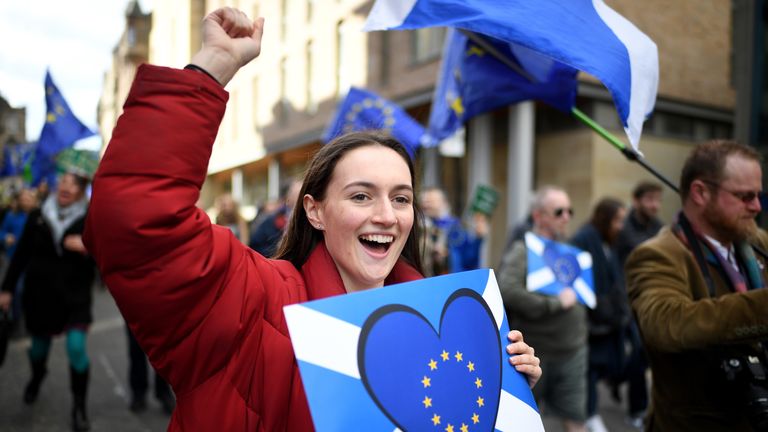 Protestors take part in a March for Europe march in Edinburgh