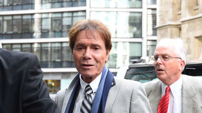 Sir Cliff arriving at the Rolls Building in London on Monday