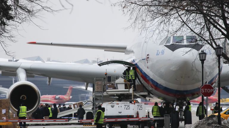 The Ilyushin Il-96 aircraft, transporting expelled Russian diplomats and their family members from the U.S., is seen shortly after landing at Vnukovo airport outside Moscow, Russia April 1, 2018. REUTERS/Maxim Shemetov