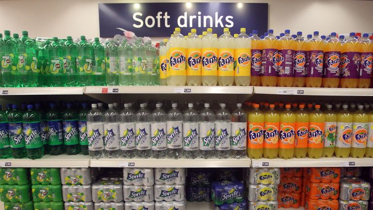 General view of soft drinks on supermarket shelving in London after a report from the food and farming charity Sustain said that sugary drinks should be subject to a new tax that could add 20p per litre to their price, with the proceeds going towards child health.