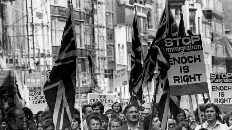 An anti-Asian demonstration in 1972 in favour of Enoch Powell&#39;s speech