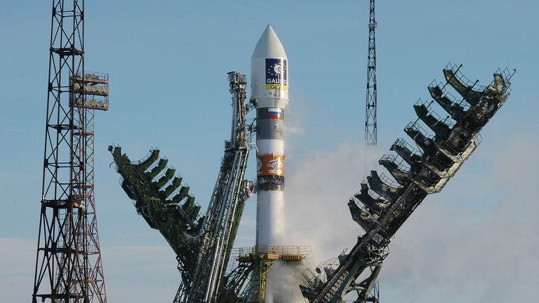 BAIKONUR, KAZAKHSTAN - DECEMBER 28:  In this handout photo supplied by the European Space Agency (ESA), A Russian Soyuz rocket carrying the Giove-A satellite, part of the Galileo GPS positioning system, blasts off at the Baikonur Cosmodrome on December 28, 2005 in Baikonur, Kazakhstan. The 3.8 billion-euro Galileo navigation network is designed to rival the current US system. It will give EU states guaranteed access to a space-borne precise timing and location service independent of the United States. (Photo by ESA via Getty Images)