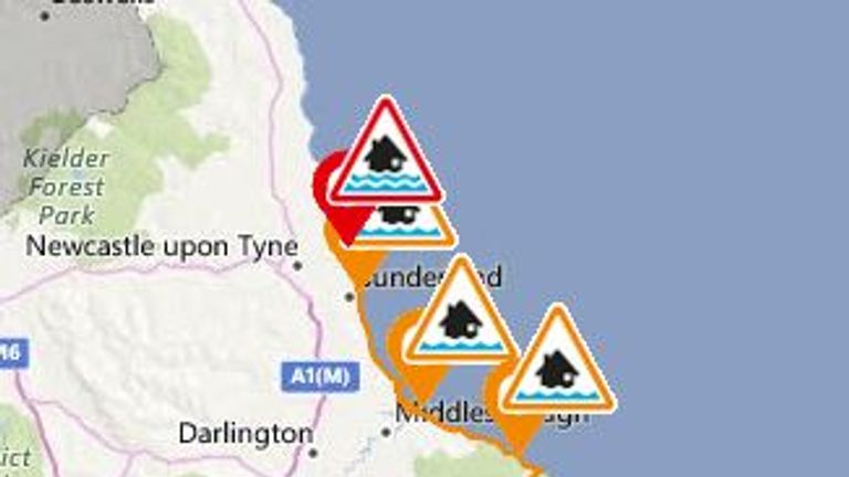 Orange "be prepared" alerts and red "flooding is expected" alerts are in place in the North East