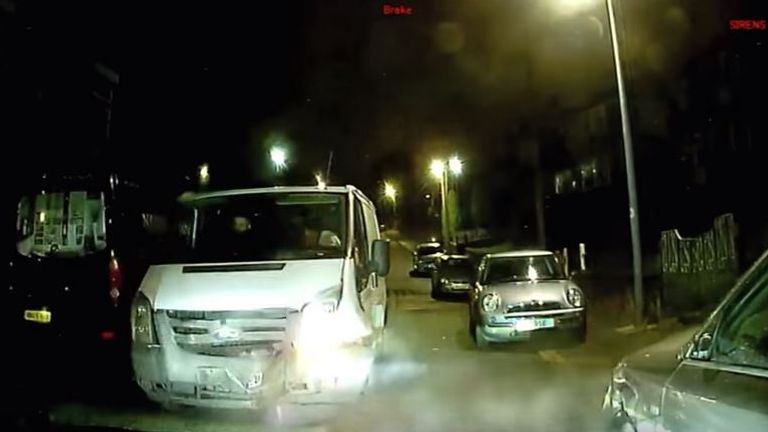 Dashcam footage shows the Transit van's smashed front and smoke billowing from the GMP Audi after the incident. Video: Greater Manchester Police. 