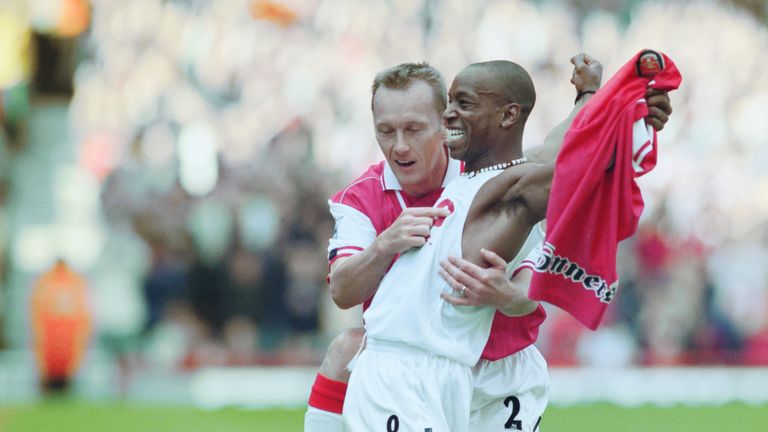 Wright celebrating an Arsenal goal in 1997