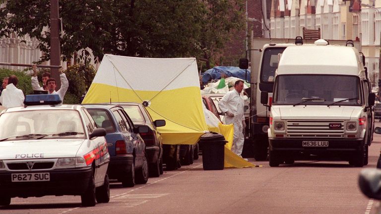 The scene outside Jill Dando's house in Fulham where her body was found