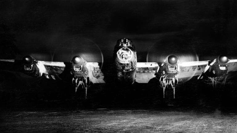 Undated handout photo issued by The Ministry of Defence of Avro Lancaster B.I, (R5729/KM-A), of 44 Squadron running up its engines in a dispersal at Dunholme Lodge, Lincolnshire, before setting out on a night raid to Berlin in early January 1944, as a collection of images capturing the development of the RAF across the decades has been released by the MoD to mark the centenary of the worldÕs first independent air force