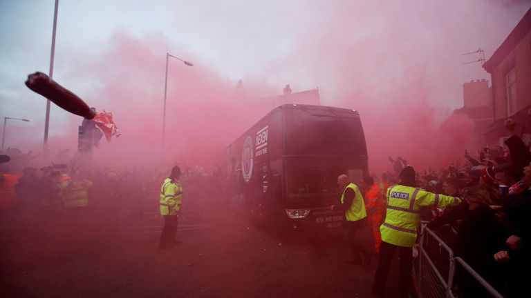 The Manchester City bus arriving at Anfield