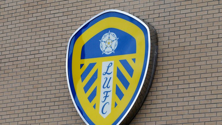 A view of the Leeds United club emblem outside Elland Road before the game