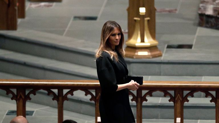 First Lady Melania Trump arrives at St. Martin's Episcopal Church for a funeral service for former first lady Barbara Bush on April 21, 2018 in Houston, Texas