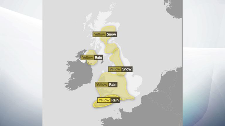 The Met Office has issued five yellow weather warnings