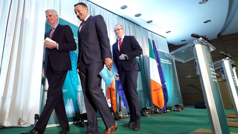 Michel Barnier (left), held a press conference with Taoiseach Leo Varadkar (centre) and deputy Simon Coveney 