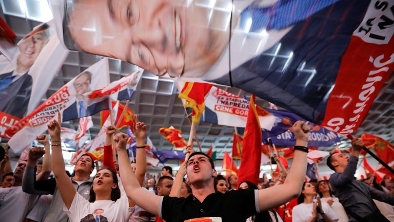 Supporters Djukanovic at a rally in Podgorica