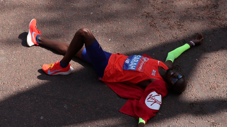 Sir Mo Farah fell to the floor after completing the London Marathon