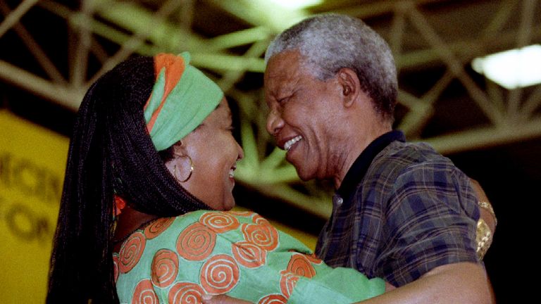 Nelson Mandela congratulates Winnie in 1994 after she was elected at the National Executive Committee of the African National Congress (ANC)
