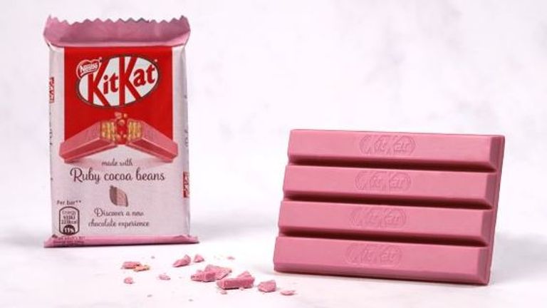 The naturally pink KitKats will be available in the UK from 16 April