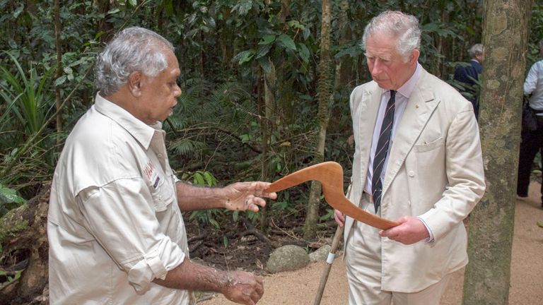 Charles seemed impressed by a handmade aborigine hunting boomerang                                                                                                                                                                                                                                