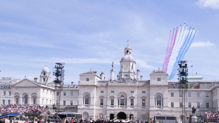 The Red Arrows fly above Horse Guards Parade in London during a VE Day Parade to mark the 70th anniversary of VE Day.