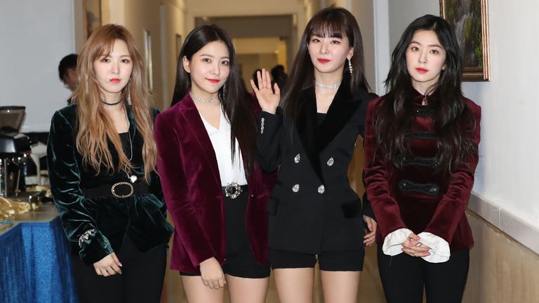 Red Velvet pose after a rehearsal for the concert in the North Korean capital