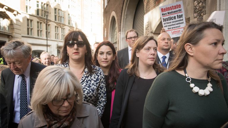 Labour MPs Luciana Berger (centre) and Jess Philllips (right) at a demonstration outside the Labour party disciplinary hearing for Marc Wadsworth in London.
