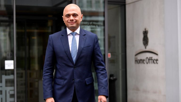 Sajid Javid stands outside the Home Office after being named as Home Secretary