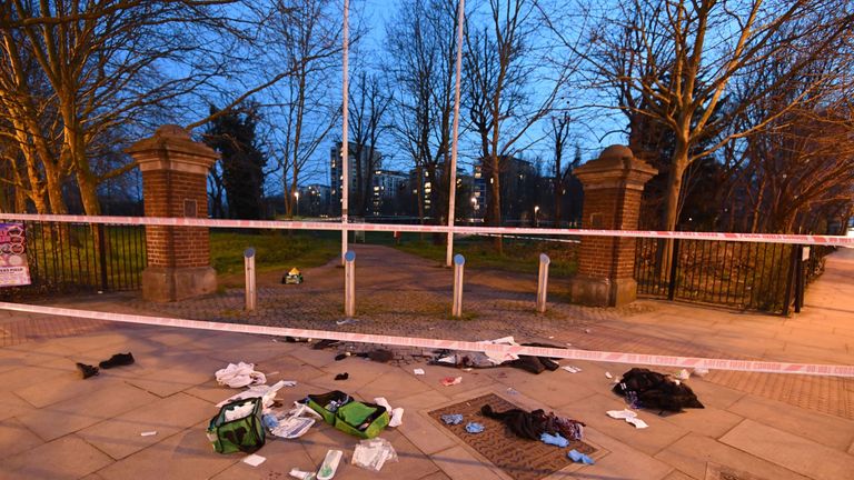 Bloodied clothes near the scene in Grove Road, Mile End, east London following reports of a stabbing