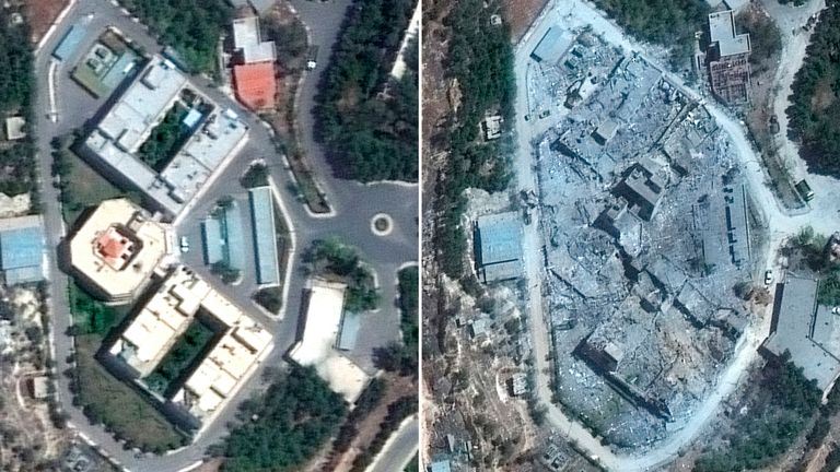 The Barzah Research and Development Centre, near Damascus, pictured before and after the coalition missile attack