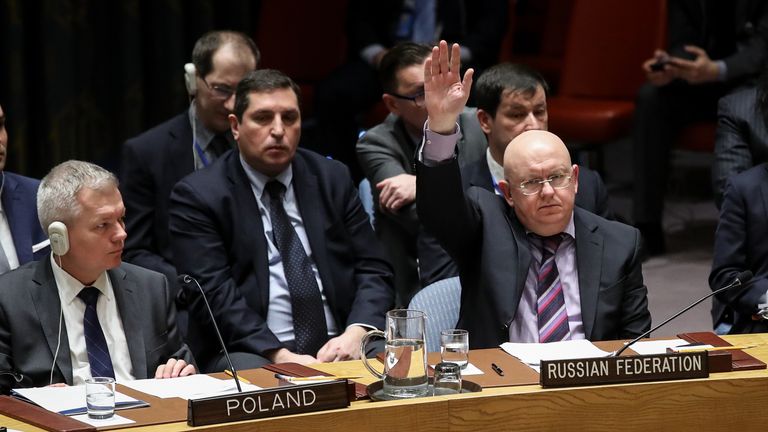  Russian Ambassador to the United Nations Vasily Nebenzya votes to veto a U.S. draft resolution to create a new inquiry to find blame for the chemical weapons attack last week in Douma, 
