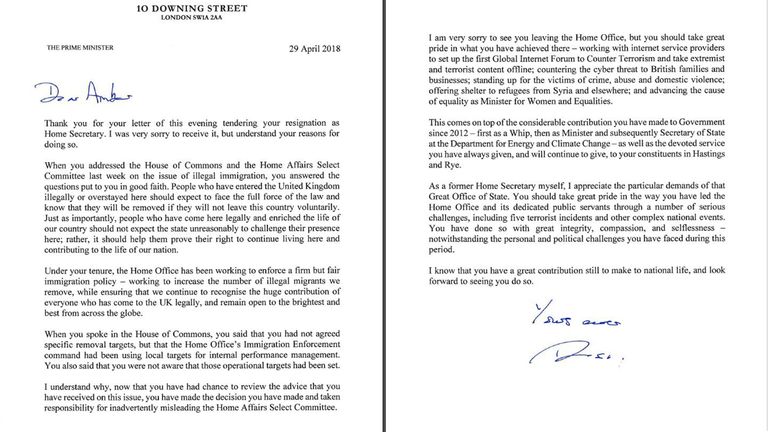 Theresa May's response to Amber Rudd's resignation letter