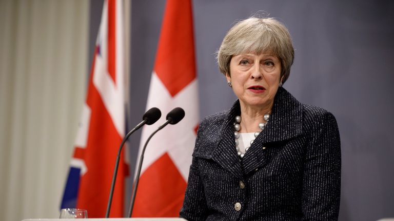 Britain&#39;s Prime Minister Theresa May speaks during a joint press conference with Danish Prime Minister following talks at Christiansborg Castle in Copenhagen, Denmark, on April 9, 2018. / AFP PHOTO / Ritzau Scanpix AND Scanpix / Mads Claus Rasmussen / Denmark OUT (Photo credit should read MADS CLAUS RASMUSSEN/AFP/Getty Images)

