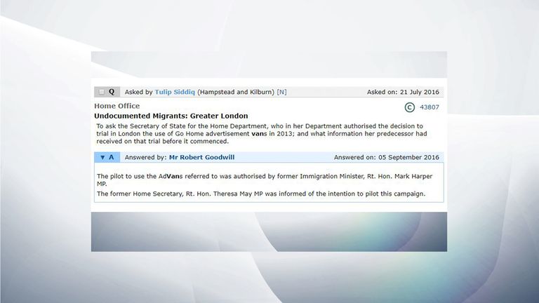 A parliamentary question and answer from 2016