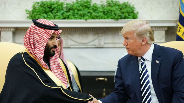 US President Donald Trump (R) shakes hands with Saudi Arabia&#39;s Crown Prince Mohammed bin Salman in the Oval Office of the White House on March 20, 2018 in Washington, DC