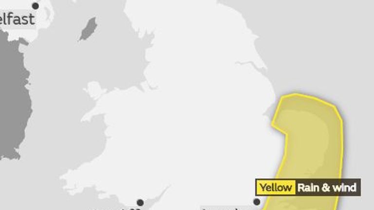 The Met Office has issued a yellow rain and wind warning for the southeast