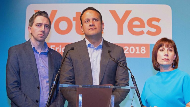  Minister for Health Simon Harris, Taoiseach Leo Varadkar and Fine Gael Campaign Co-ordinator Minister Josepha Madigan during an event organised by members of Fine Gael pressing for a yes vote in the upcoming referendum on the Eighth Amendment, at the Smock Alley Theatre in Dublin. PRESS ASSOCIATION Photo. Picture date: Saturday April 21, 2018. See PA story IRISH Abortion. Photo credit should read: Tom Honan/PA Wire