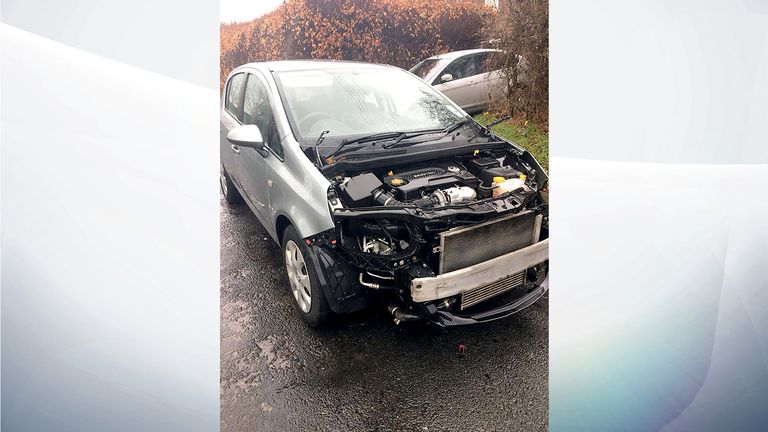 The bonnet, lights and grille were stolen from this Vauxhall Corsa