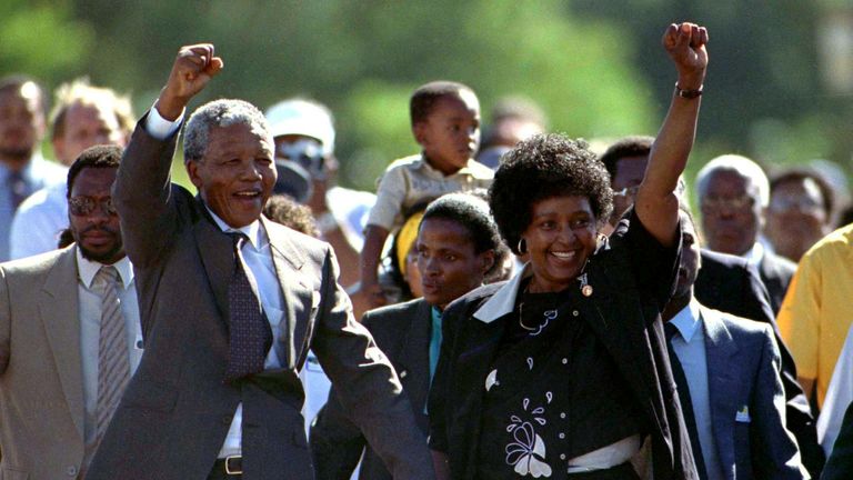 Winnie and Nelson Mandela on his release from prison