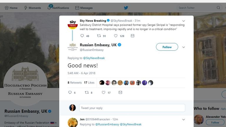 The Russian Embassy in the UK responds to Sky News&#39; tweet breaking the news of Sergei Skripal&#39;s recovery