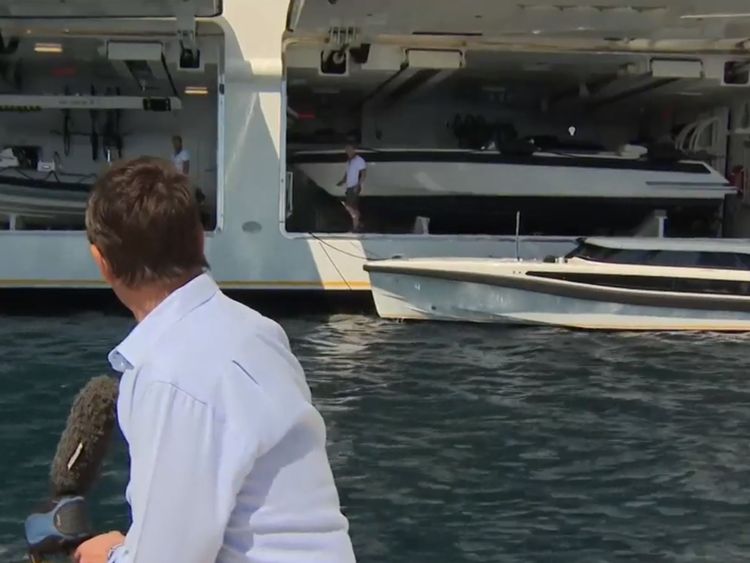 Sky News' Mark Stone pulled up outside Mr Ambramovich's yacht in a small boat to ask his crew some questions