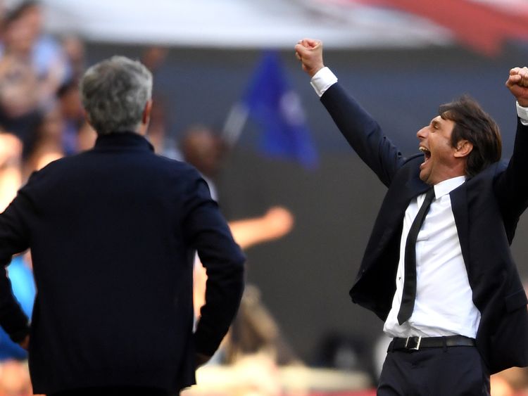 Chelsea manager Antonio Conte and United counterpart Jose Mourinho, who have endured a tense relationship, pictured at the final whistle