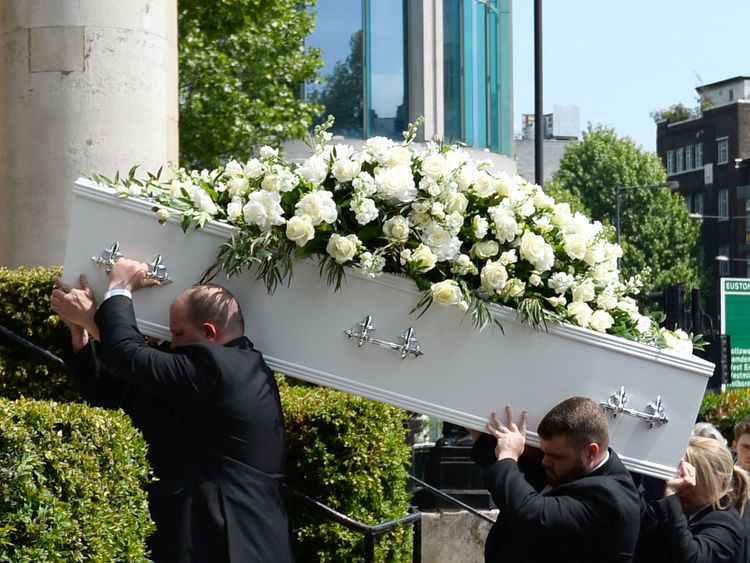 Pall bearers carry the coffin of Supermarket Sweep star Dale Winton 