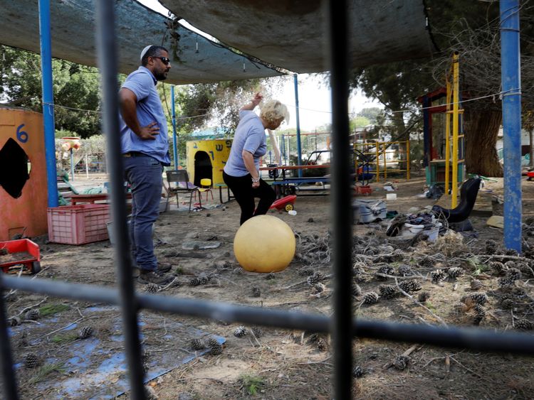 A kindergarten yard that Israel says was damaged by mortar shells