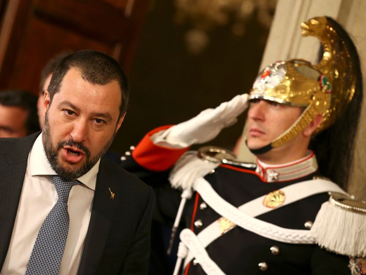 League party leader Matteo Salvini leaves after a meeting with Italian President Sergio Mattarella during the second day of consultations at the Quirinal Palace in Rome, Italy, April 5, 2018. 