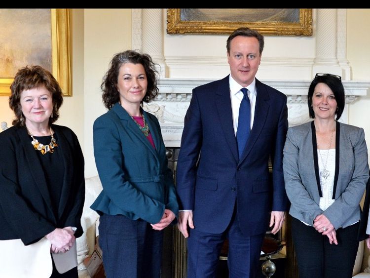 Jayne Senior (right) in Downing Street, May 2015 with (Right to Left) David Cameron, Sarah Champion MP and Alexis Jay. 
