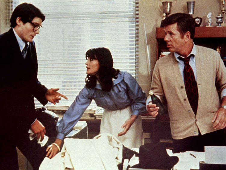 Margot Kidder with Christopher Reeve (L) and Jackie Cooper in Superman