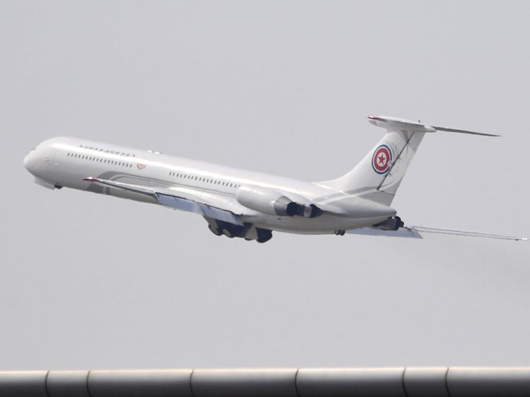 A North Korean airplane takes off at an airport in Dalian, Liaoning province, China