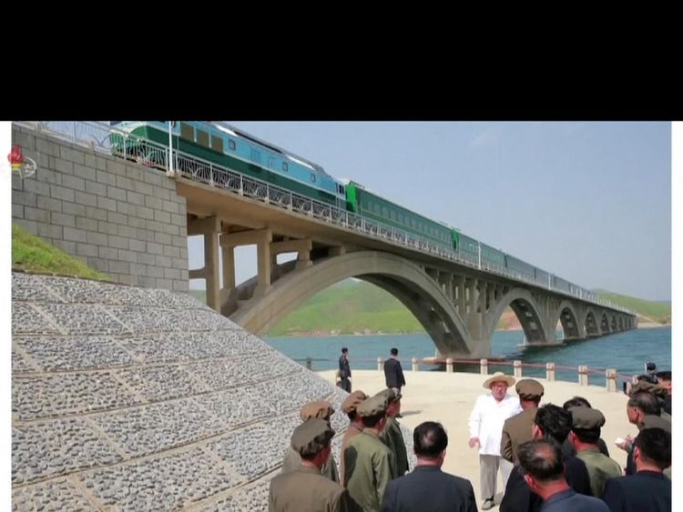 Kim Jong Un inspects a railway bridge