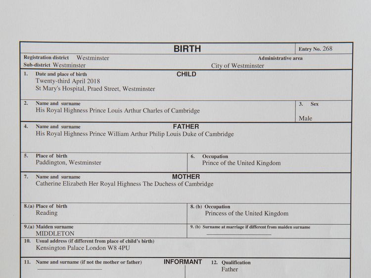 The official birth register entry of Prince Louis Arthur Charles of Cambridge