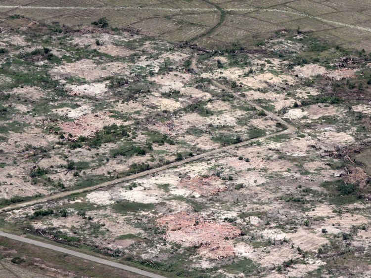 An aerial view shows burned down villages once inhabited by the Rohingya